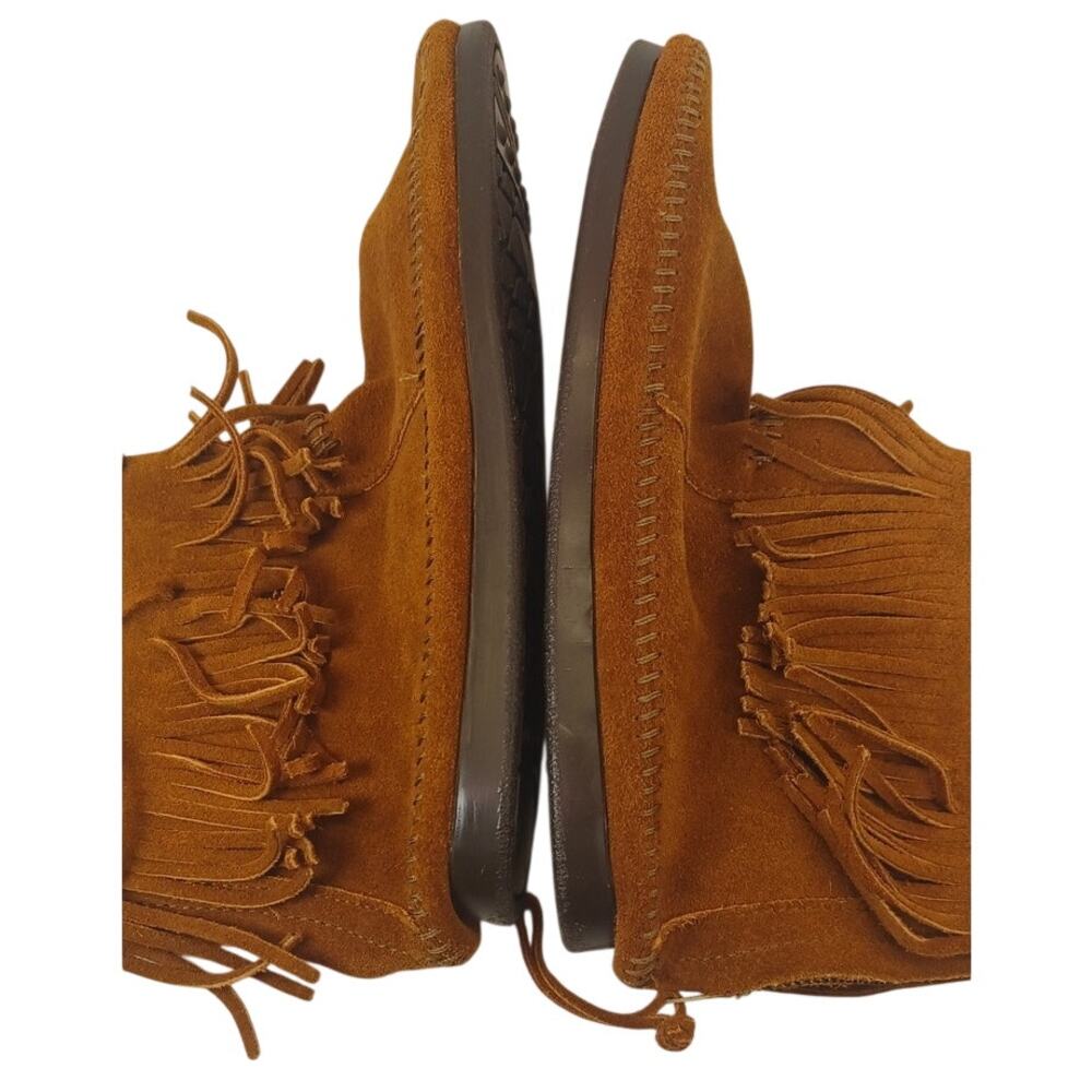 Womens Minnetonka 8.5 Hi Top Back Zip Moccasin Boot Brown Suede Fringe Style 292 - Picture 7 of 13